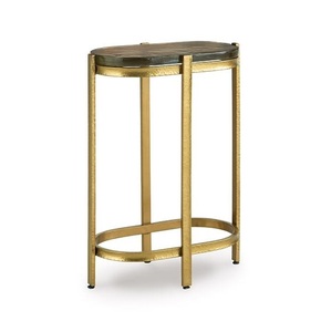 Narrow Oval <b>Console</b> Side <b>Table</b> with Thick Cast Glass Top Slim Hammered <b>Gold</b> Metal End <b>Table</b> Mid Century Modern Sofa Arm Accent - Product Image 2