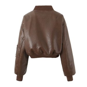 Blouson bomber en cuir véritable pour femme, fermeture éclair courte, col rabattu, manches longues, style automne - Product Image 2