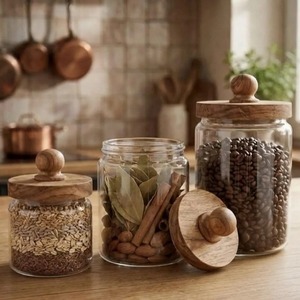 Set Of 3 Glass Containers With Wooden Lid Airtight Kitchen Storage <b>Jars</b> For Tea Coffee Sugar Stylish Counter Organizer - Product Image 2