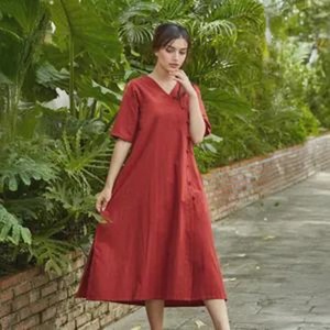 Vestido de Lino para Mujer, Corte A, Manga Media, Tallas Grandes, Cómodo para Uso Diario - Product Image 1