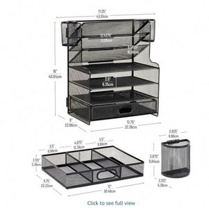 Metal Mesh Desk 6 Compartments 1 Drawer 2 <b>Pen</b> Cups Office Desktop File Organizer - Product Image 4