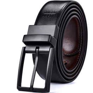 Ceinture décontractée pour homme en cuir de vachette véritable 3,2 cm réversible en cognac et noir avec boucle en cuivre rotative - Product Image 3