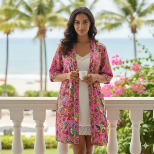 Kimono Artesanal de Algodón con Diseño Floral |   Bata de dormir con cuello en V, manga larga y bolsillos |   Ropa de Dormir de Lujo para Mujer con Cordón Ajustable - Product Image 2