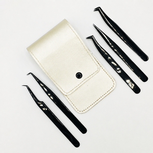 Professional Black Stainless Steel Eyelash Extension Tweezers Set with Premium Storage <b>Pouch</b> - Product Image 5
