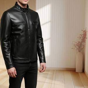 Veste en cuir véritable noire unie pour homme avec logo sur le devant, respirante et imperméable, qualité supérieure, service OEM - Product Image 5