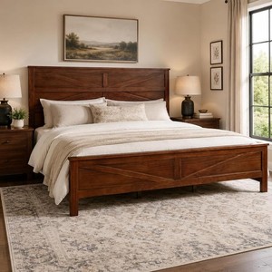 Cadre de lit king-size en bois massif, design minimaliste, finition teck brun naturel, pieds carrés, lit fait main - Product Image 1