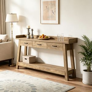 Elegante Consolle Lunga in Legno Teak con Piano in Acciaio Inossidabile per Ingresso Appartamento Magazzino Hotel Casa Arredamento Tavolo Laterale - Product Image 1
