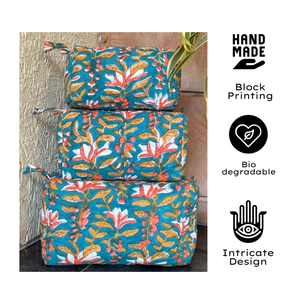 Premium Hand Block Print Quilted Cotton Makeup Pouch Set Waterproof Travel Organizer Handcrafted Sustainable Cosmetic <b>Storage</b> - Product Image 1