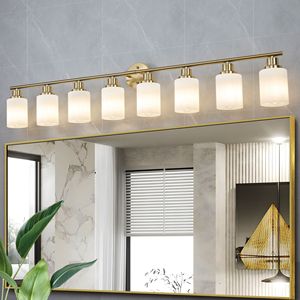 Applique da Parete Moderna a 8 Luci, 52 Pollici, Finitura Dorata con Paralumi in Vetro Satinato per Illuminazione Bagno e Corridoio, Lampadine Non Incluse - Product Image 4