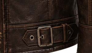 Veste en cuir véritable marron pour homme avec doublure en fausse fourrure, fermeture éclair, style motard, vêtement d'hiver - Product Image 4