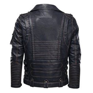 Veste de motard en cuir véritable noir pour homme, col rabattu, fermeture éclair, coupe ajustée, manches régulières, pour l'automne et l'hiver - Product Image 3