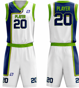 Ensemble de maillots de basket-ball sublimés personnalisés Blanc Marine Vert Joueur 20 Sans manches Col en V Polyester respirant Adulte Unisexe - Product Image 1