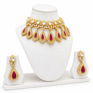 ชุดสร้อยคอทองคำขาว 925 ชุบทอง ประดับด้วย Kundan สีแดง ดีไซน์ Polki สำหรับผู้หญิง เหมาะสำหรับงานแต่งงาน งานเลี้ยง และเป็นของขวัญ - Product Image 2
