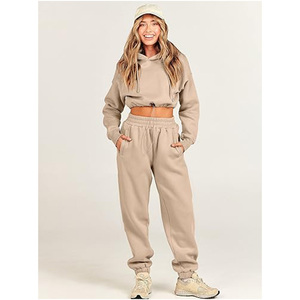 Conjunto de Sudadera Corta con Capucha y Pantalones Deportivos para Mujer, Color Azul Claro, Tejido Casual de Algodón/Fibra de Bambú, Color Sólido, Mangas Largas - Product Image 5