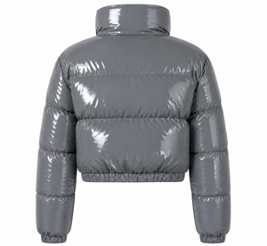 OEM Custom Logo Winter Puffer Crop Style <b>Grey</b> Shine <b>Jacket</b> Women Hooded Down Coat <b>Waterproof</b> Windproof Thermal Outerwear - Product Image 5