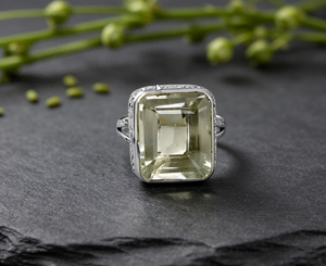 Art Palace <b>Silver</b> Cocktail <b>Ring</b> With <b>Emerald</b> Cut Citrine Crystal Geometric Vintage Bezel Setting Unisex Everyday Wear - Product Image 1