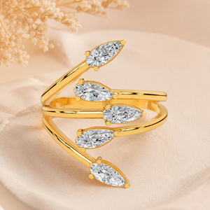 Bague de fiançailles de luxe en or 10K, certifiée IGI, avec diamant de laboratoire taille poire multi-pierres en forme de feuille de branche, inspirée de la nature - Product Image 1