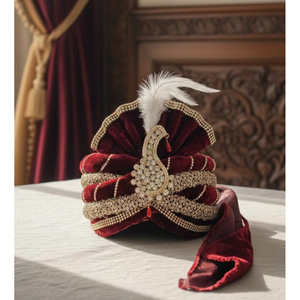 Turbante de novio bordado de terciopelo granate para boda india con kalangi de pavo real - Product Image 1