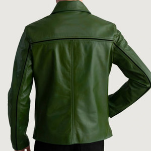 Blouson aviateur en cuir véritable vert, manches longues, col rabattu, fermeture éclair, veste d'automne pour homme - Product Image 5