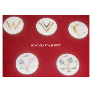 Handmade Round Stone <b>Coaster</b> <b>Set</b> With Inlaid Floral And Symbol Designs Traditional Indian Style Use For Home AndHotel Decoration - Product Image 1