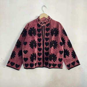 Women Pink Velvet Embroidered Jacket Heart Motif Floral Design Bohemian Handmade Winter Outerwear - Product Image 1