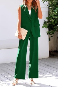 Women Sleeveless <b>Blazer</b> <b>Set</b> Solid Green Woven Fabric Notched Collar Two Piece Suit Formal All Seasons Regular Fit - Product Image 5