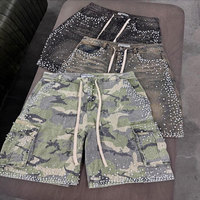 Shorts cargo en jean vintage taille haute pour hommes, couleur unie, avec fermeture à boutons ornés de strass, infroissable, respirant, écologique, service OEM