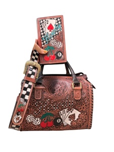 Howdy Western Leather <b>Satchel</b> With Checkerboard Strap And Poker Design <b>For</b> <b>Women</b> Vintage Handbag With Flap Closure Ready to ship - Product Image 2