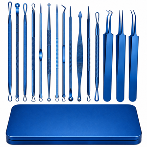 Kit de 15 outils anti-boutons bleus - Extracteurs de points noirs et comédons en acier inoxydable avec étui pour imperfections, acné, boutons - Product Image 1