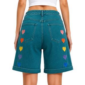 Teal Blue <b>Rainbow</b> Heart Embroidered Women Denim Shorts High Waist Casual Loose Fit Rolled Hem Cotton Summer Fashion Jeans Shorts - Product Image 2
