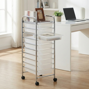 Chariot de rangement moderne à 10 tiroirs réglables, chromé, en métal durable, pour hôtel, école, usage commercial, à quatre roues - Product Image 1