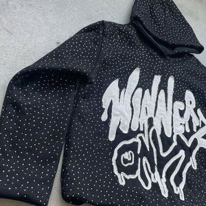 <b>Mens</b> <b>Black</b> Rhinestone Graphic Hoodie Oversized Pullover Hooded Sweatshirt Streetwear Casual Fleece Hoodie - Product Image 4