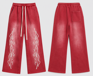 Red Men's Wide Leg Sweatpants <b>Elastic</b> <b>Waist</b> Drawstring Casual Pants Heat Transfer Flame Print Cotton Streetwear <b>Trousers</b> - Product Image 6