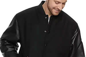 OEM Custom Men's Streetwear Varsity Jacket Stand Collar Wool Blend PU Sleeves Ribbed Trim Snap <b>Button</b> Closure Front Canvas - Product Image 3