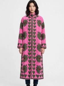 Bata de terciopelo rosa tejida con patrón floral bordado a mano, cuello mandarín, manga larga, largo completo, para invierno, relleno de algodón - Product Image 5