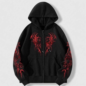 Sweat-shirt à capuche zippé noir gothique avec imprimé flamme rouge, coupe classique pour homme, en molleton French Terry, idéal pour l'automne - Product Image 1