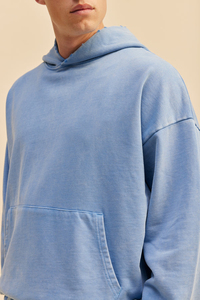 Heavy 500gsm Cotton Vintage Blue Color Acid Wash Hooodie Casual Retro Style Pure Cotton Acid Wash Fleece Boxy Fit Hoodie - Product Image 3