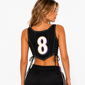 Top corto tipo corsé estilo universitario Y2K con número personalizado, camisola sin mangas con cordones laterales, camisa de mujer, top de lujo estilo urbano con cuello redondo - Product Image 2