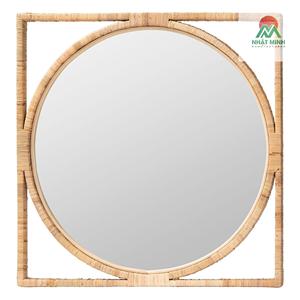 Espejo central redondo fabricado con ratán natural, madera de caoba y madera de ingeniería. Puede ser montado en la pared. - Product Image 3