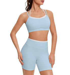Light Blue Yoga Set Women 2 Piece Spaghetti Strap <b>Crop</b> <b>Top</b> High Waist Shorts Seamless Breathable Solid Color Workout Outfit - Product Image 1