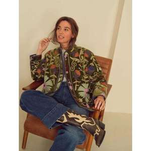 Chaqueta larga Suzani tejida a mano y transpirable para mujer, estilo bohemio, gitano, verde, para invierno. - Product Image 4