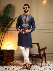 <b>Men</b> Navy Blue Embroidered <b>Kurta</b> With White Pajama Regular Fit Traditional Indian Pakistani Knee-Length Casual Wear - Product Image 1
