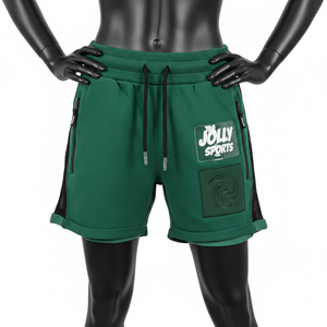 Shorts en molleton doux de coton et polyester pour femme, couleur verte, avec empiècements en mesh contrastant, poche zippée, logo personnalisé. - Product Image 4