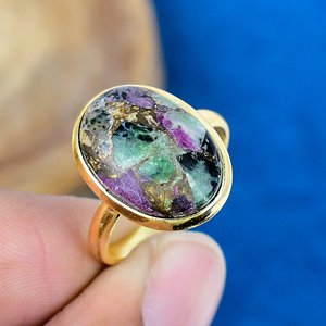 Natural Ruby Zoisite Oval Shape Gemstone <b>Ring</b> 18K Gold Micron Over <b>925</b> Sterling <b>Silver</b> - Product Image 1