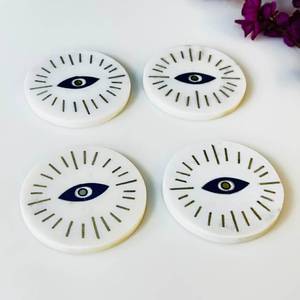 Ensemble de sous-verres en marbre blanc motif œil porte-bonheur, sous-verres artisanaux en marbre, prix de gros, décoration intérieure et coffret cadeau - Product Image 1