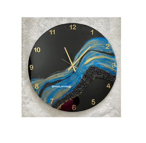 Resin Round Modern Digital Wall <b>Clock</b> with Brass Numbers Blue Art Design <b>Battery</b> Powered - Product Image 1