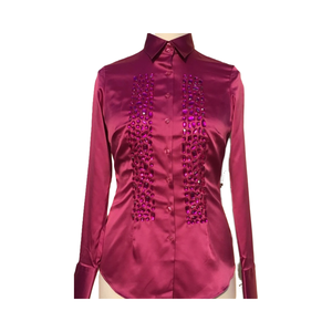 maroon Satin Button-Down <b>Blouse</b> with Crystal-Style Buttons - Product Image 1