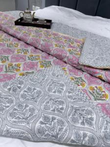 Premium Jaipuri Pure Malmal Dohar Pink Floral Block Print Mulmul Cotton Summer <b>Quilt</b> <b>Bedding</b> Fabric - Product Image 3