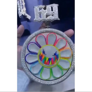 Glitter Round Charm Pendant Rainbow Flower <b>Disc</b> Crystal Rhinestone Border Silver Plated Trendy Jewelry Accessory - Product Image 3