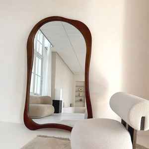 Miroir de sol en teck ondulé fait main bio, cadre naturel massif, design Wabi-Sabi de luxe pour salon et chambre, décoration intérieure - Product Image 1